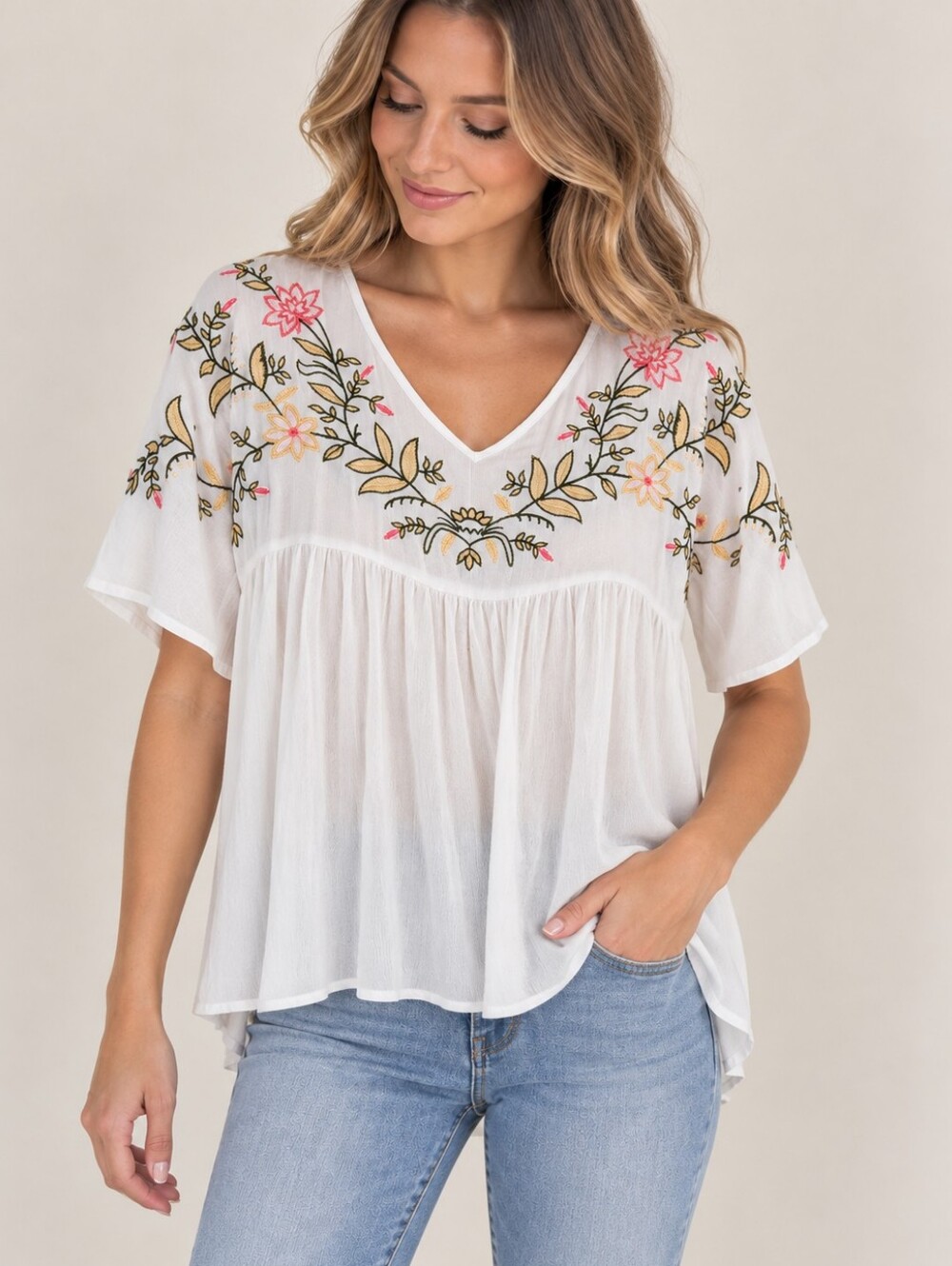 Vici White V-Neck Embroidered Floral Peasant Top